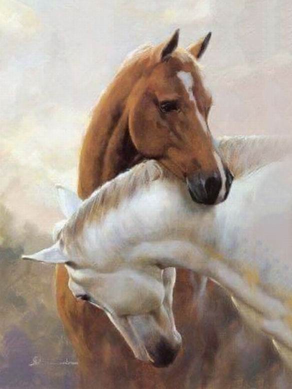Brown horse and white horse hugging Oil painting hand-made 30 ×40 cm