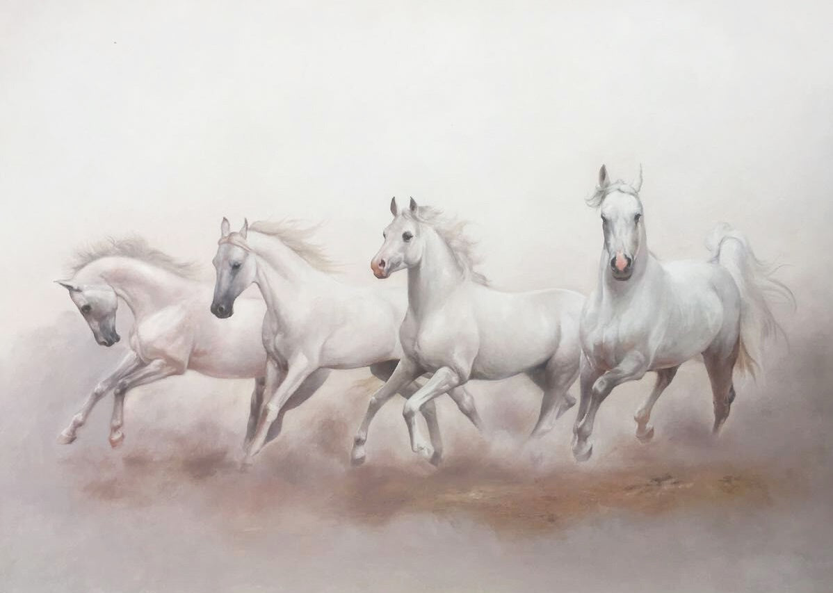 Running White Horses at Desert