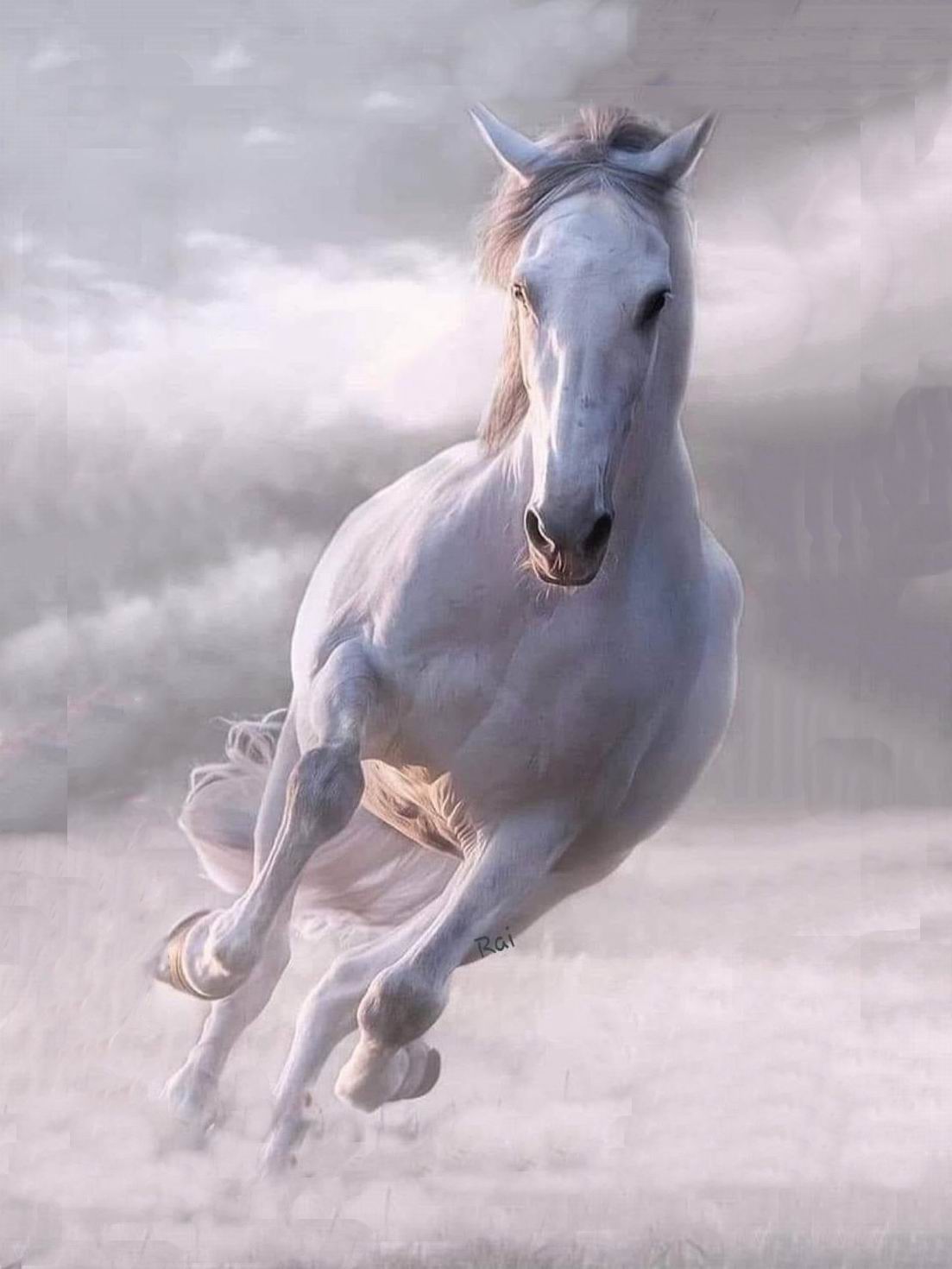 White horse grey sky Oil painting hand-made  30×40 cm