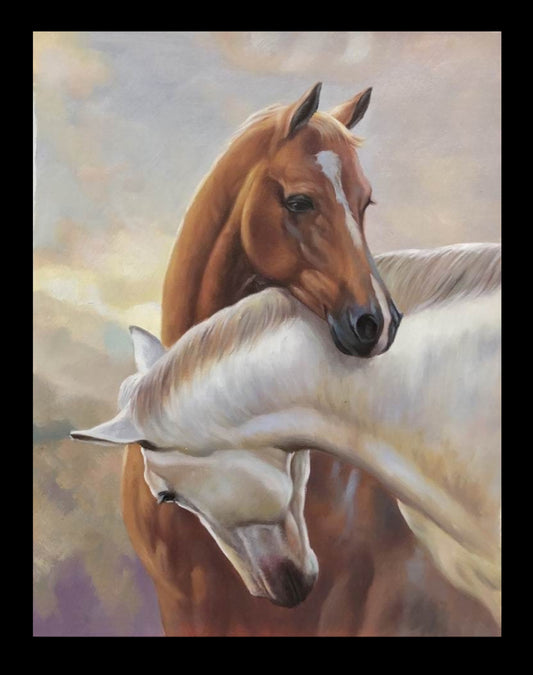 Brown horse and white horse hugging  Oil painting hand-made  30 ×40 cm