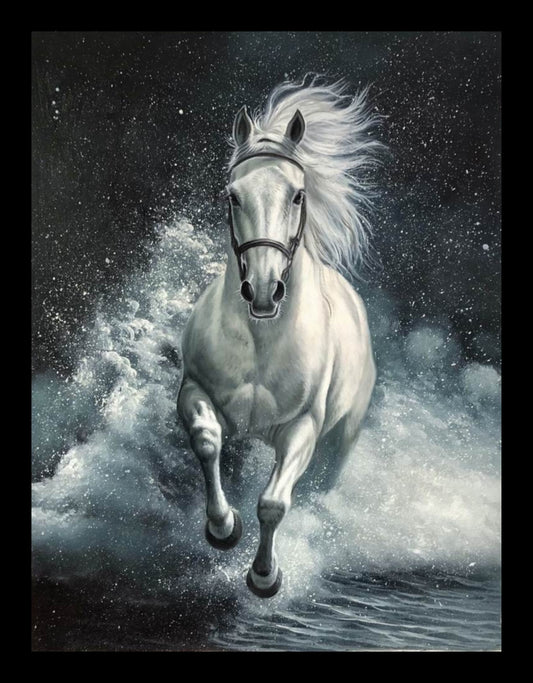 White horse in water Oil painting hand-made  30-40 cm
