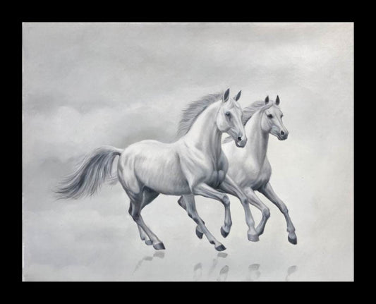 Two white horses  Oil painting hand-made  30×40 cm