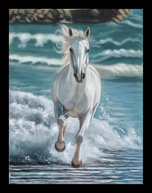 white horse with waves in the background