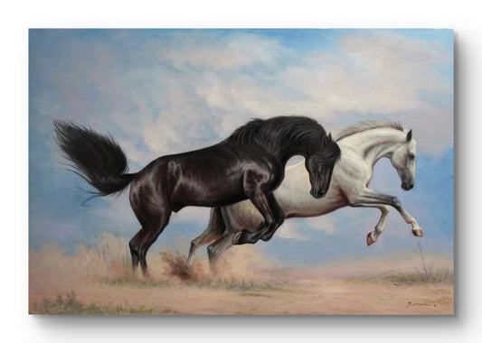 Black & White Horse Racing Oil Painting
