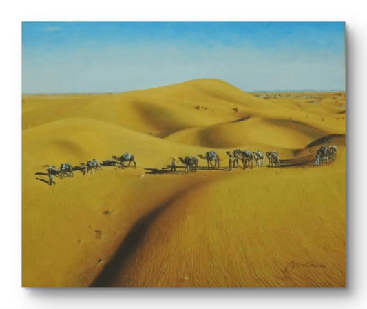 The Desert with Walking Camels