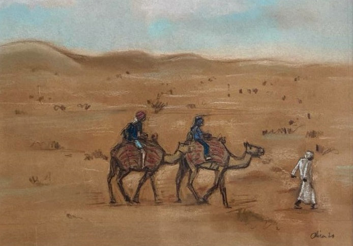 Men with Camels Walking in Desert